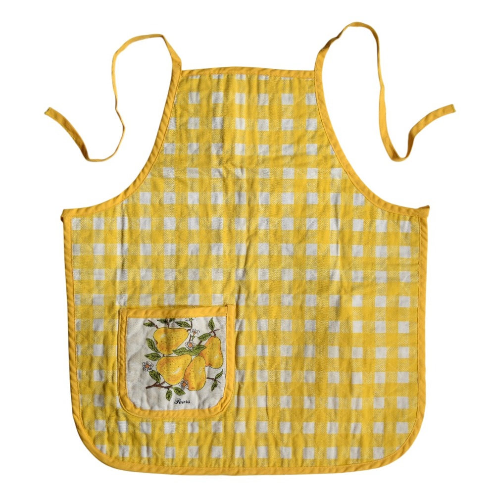 Vintage Quilted Yellow Gingham Apron Pear Pocket Farmhouse Kitsch Cottagecore